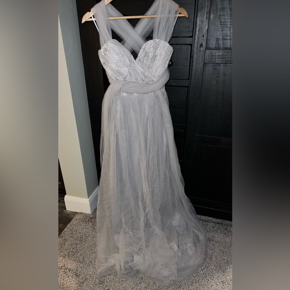 PinkBlush Maternity Tulle & Lace Wrap Dress M Light Gray